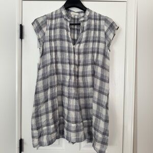 CP Shades Regina V-Neck Linen Pintuck Tunic Top Dress Gray/blue plaid Medium